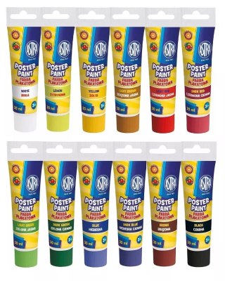 Farby plakatowe w tubie 30 ml, 12 kolorów