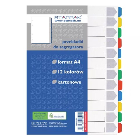 Przekładka A4 kartonowa, 12 kolorów Przekładka A4 kartonowa, 12 kolorów
