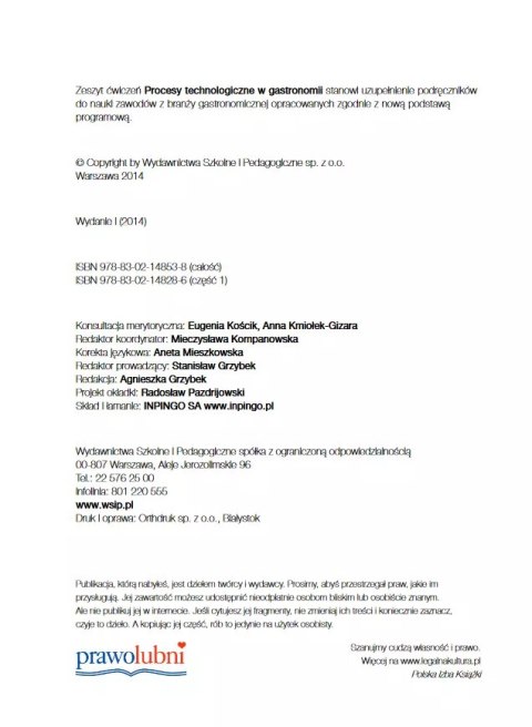 Procesy technologiczne w gastronomii. Zeszyt ćwiczeń. Część 1