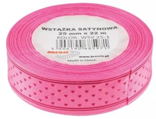 Wstążka satynowa w serca, różowa, 25 mm x 22 m