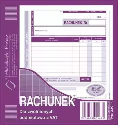 Rachunek dla zwolnionych podmiotowo z VAT 230-4 Rachunek dla zwolnionych podmiotowo z VAT 230-4