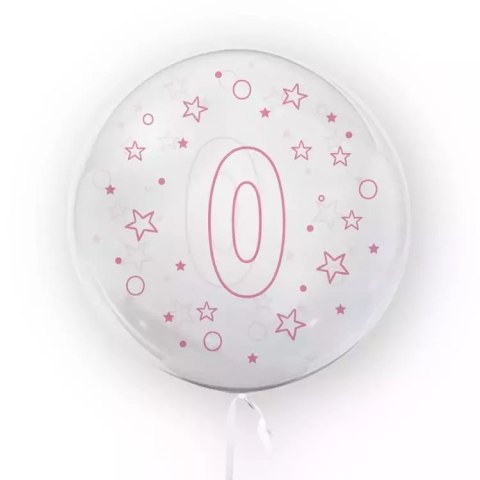 Balon transparentny 45 cm z cyfrą 0, gwiazdki różowe Balon transparentny 45 cm z cyfrą 0, gwiazdki różowe