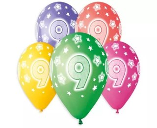 Balony lateksowe, cyfra 9, 13", mix, 5 sztuk
