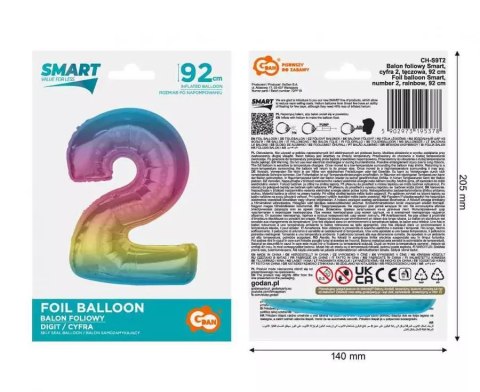 Balon foliowy Smart, cyfra 2, tęczowa, 92 cm AA Balon foliowy Smart, cyfra 2, tęczowa, 92 cm AA