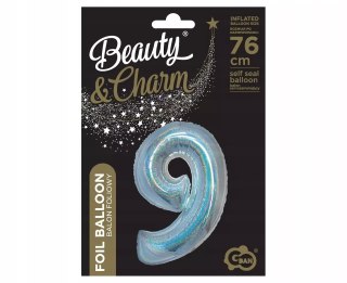 Balon foliowy B&C Cyfra 9 holograficzna srebrna 76cm Godan