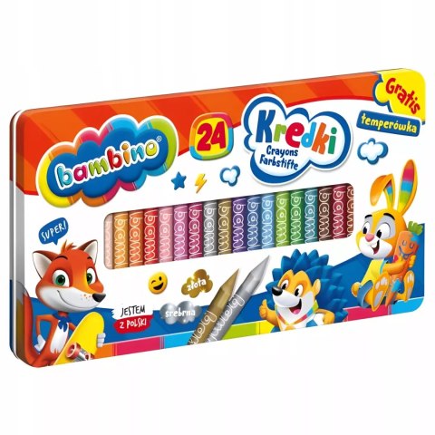 Kredki BAMBINO 24 kolory metalowe pudełko + temperówka ZWIERZAKI UCZNIAKI Kredki BAMBINO 24 kolory metalowe pudełko + temperówka ZWIERZAKI UCZNIAKI