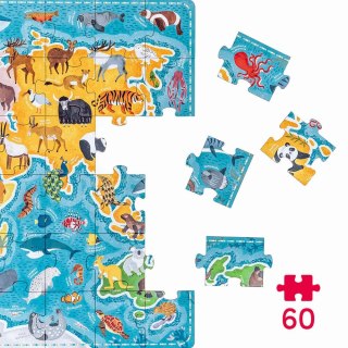 Puzzle 60 elementów. Puzzlove CzuCzu. Zwierzęta. Mapa Świata