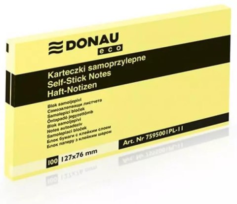 Karteczki samoprzylepne DONAU Eco, 127x76mm, 1x100 kart., jasnożółte Karteczki samoprzylepne DONAU Eco, 127x76mm, 1x100 kart., jasnożółte