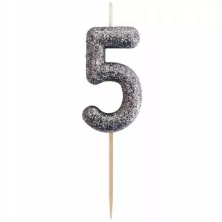 Świeczka na tort cyfra 5 brokatowa Czarna 11x3.5 cm Godan