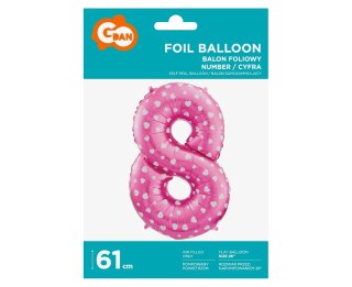 Balon foliowy. Cyfra 8, różowa w serca (61 cm)