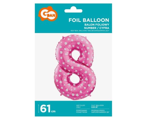Balon foliowy. Cyfra 8, różowa w serca (61 cm) Balon foliowy. Cyfra 8, różowa w serca (61 cm)