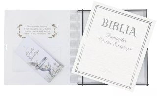 Biblia w pudełku. Pamiątka Chrztu świętego, srebrna, aniołek
