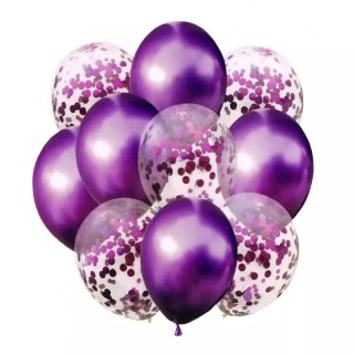 Zestaw balonów metalicznych fioletowych i konfetti 33 cm, 10 sztuk