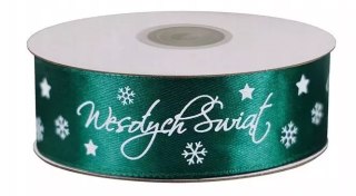 Wstążka satynowa Wesołych Świąt 25mm zielona